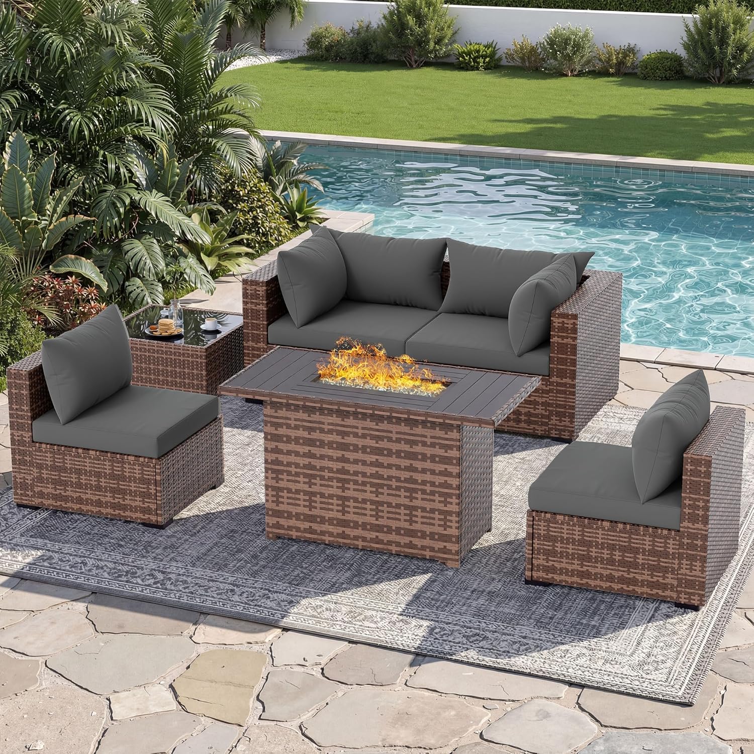 Outdoor Furniture Fire Table - 5 Parçalı Açık Hava Köşe Koltuk