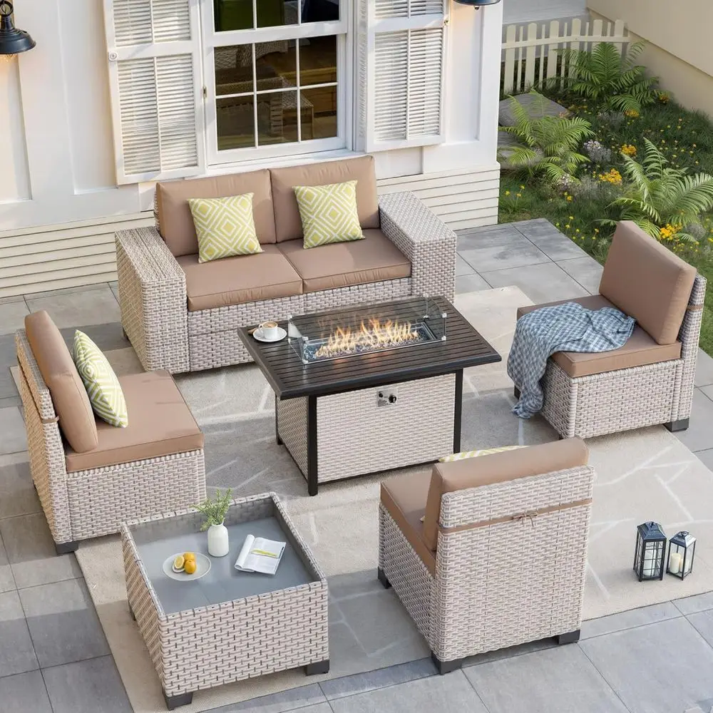 Outdoor Furniture Fire Table - 7 Parçalı Dış Mekan Veranda Mobilya